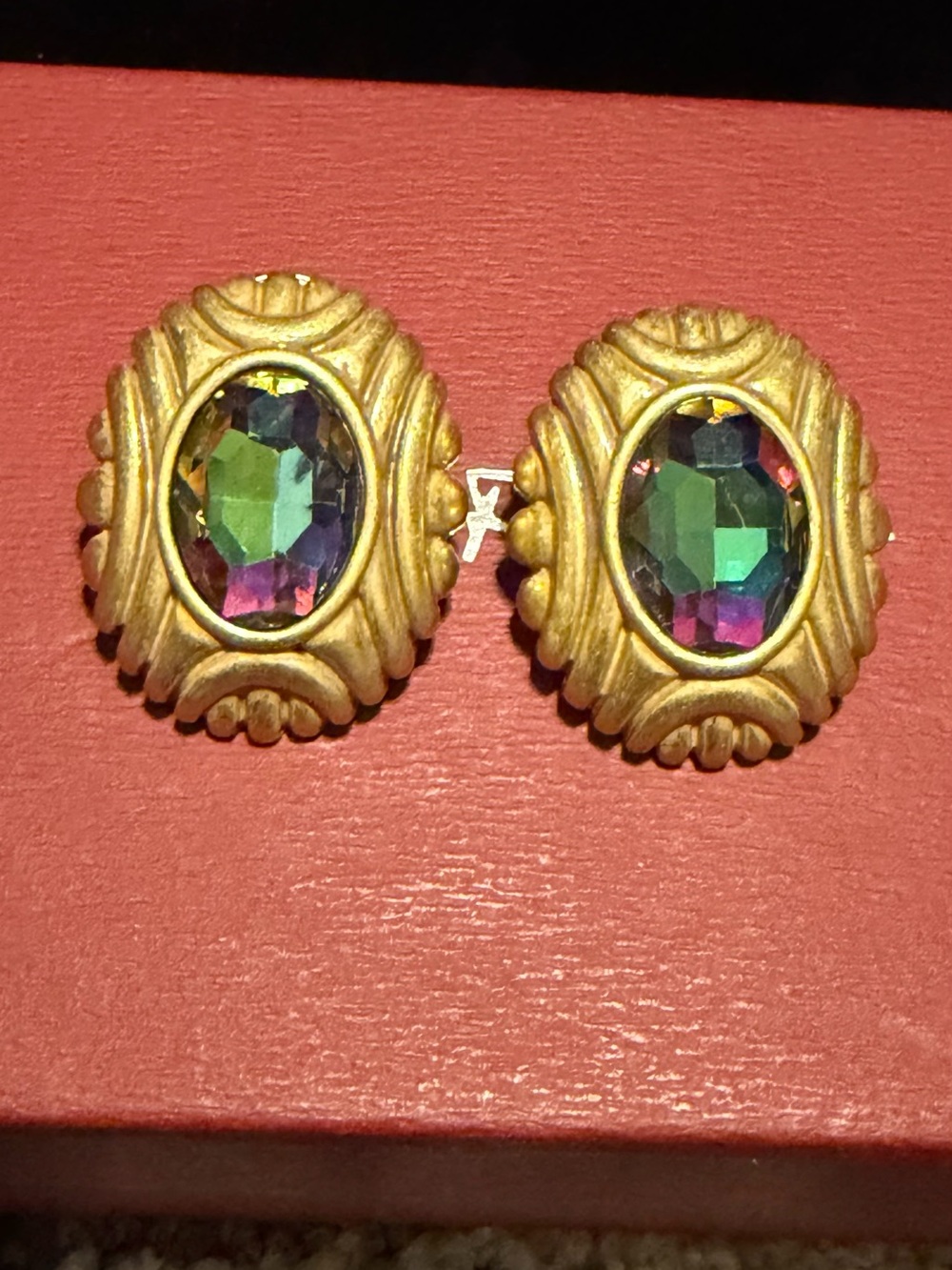 Vintage Oscar de la Renta Signed Gold Tone Iridescent Crystal Statement Earrings